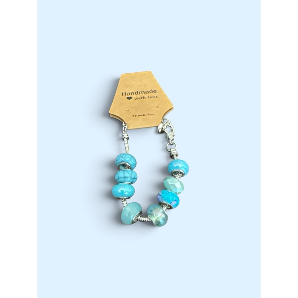 Handmade Blue Beaded Charm Bracelet Turquoise Aqua Glass Silver Tone Heart Charm